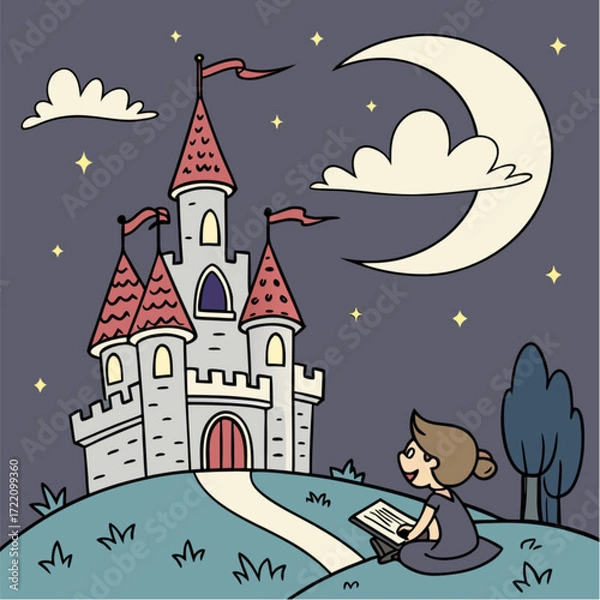 Fototapeta Whimsical Castle Scene with Child Reading Under a Crescent Moon.