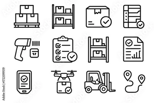 Fototapeta Checklist device route warehouse vector label stack storage rack set icon forklift