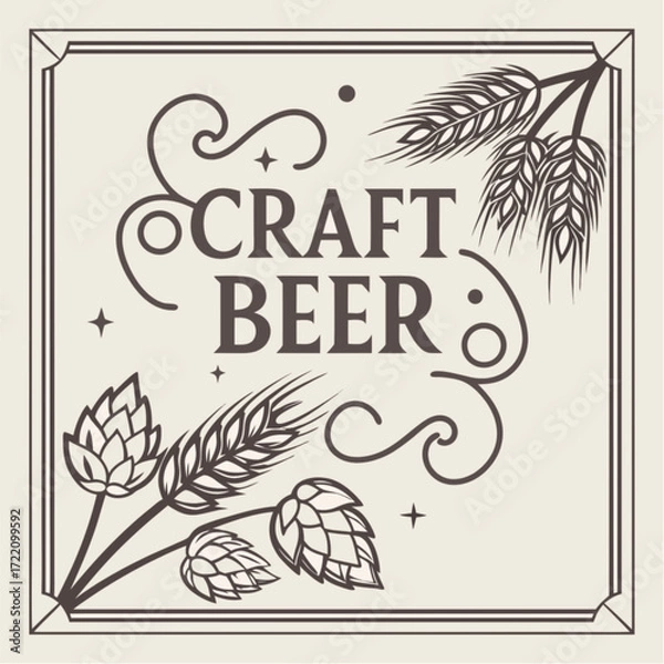 Fototapeta Elegant Vintage Craft Beer Label Design Featuring Hops Wheat and Decorative Swirls.