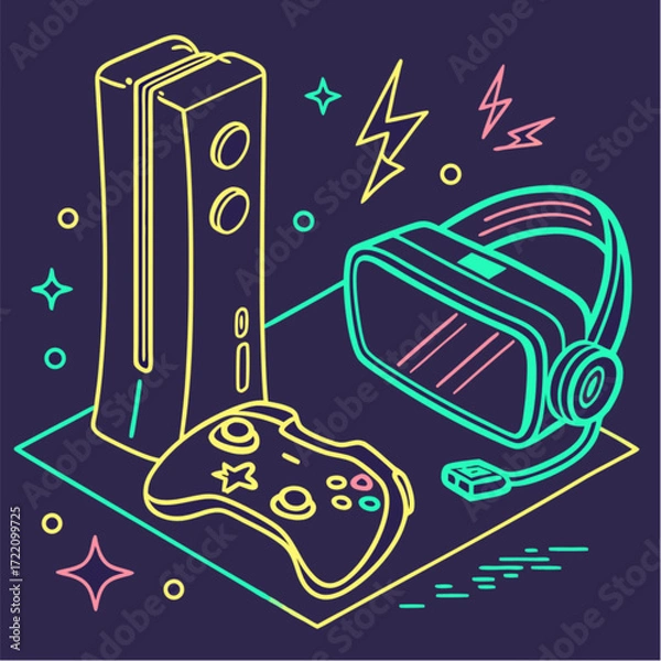 Fototapeta Neon Outline Gaming Console Controller and Virtual Reality Headset.