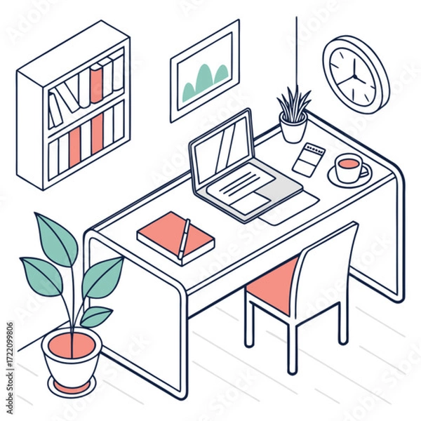 Fototapeta Isometric Line Art Home Office Workspace with Laptop Bookshelf Desk Plant and Minimalist Accents.