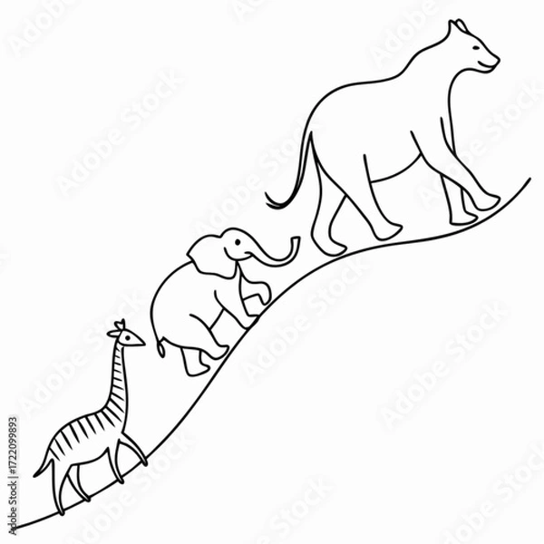 Fototapeta Stylized Line Art of Giraffe Elephant and Lion Ascending a Diagonal Path.