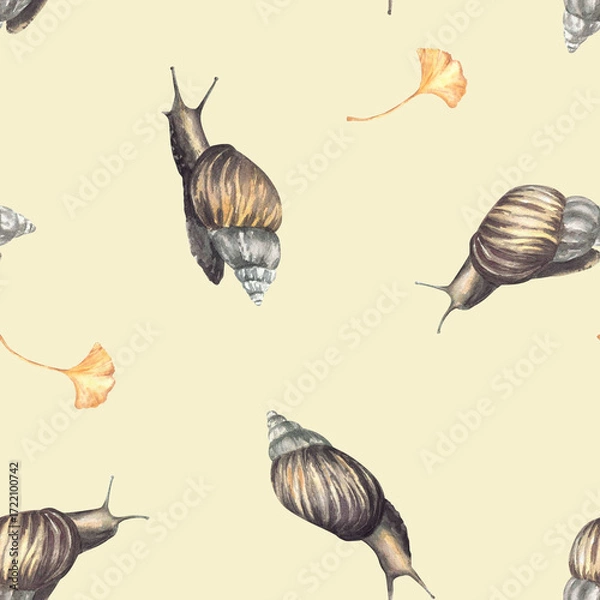 Fototapeta Watercolor slug with ginkgo leaf seamless pattern. Snail insect realistic hand painted illustration. Cochlea with yellow gingko leaves. Clipart for fabric, cosmetic packaging Isolated beige background