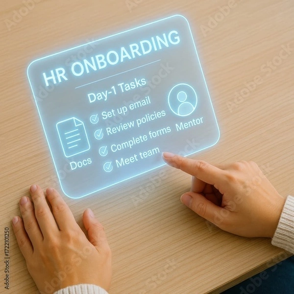 Fototapeta Hr onboarding day 1 tasks for new employees office environment digital content professional viewpoint efficient integration techniques