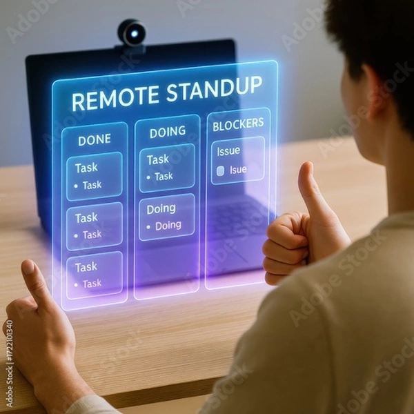 Fototapeta Remote standup meeting virtual workspace digital interaction professional environment close-up view team collaboration