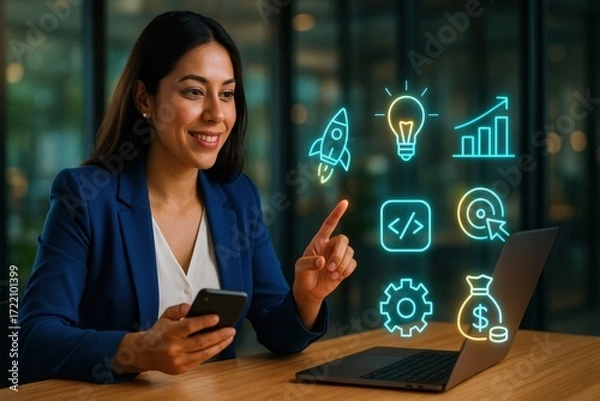Fototapeta Innovative business strategies corporate office digital interaction modern workspace perspective entrepreneurial growth