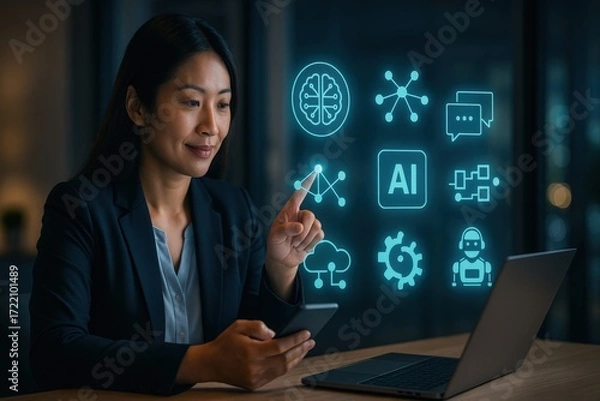 Fototapeta Engaging ai technology presentation modern office digital interaction indoor close-up innovation insights
