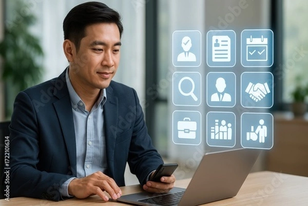 Fototapeta Digital business strategy meeting modern office professional setting collaborative environment focused viewpoint technology integration