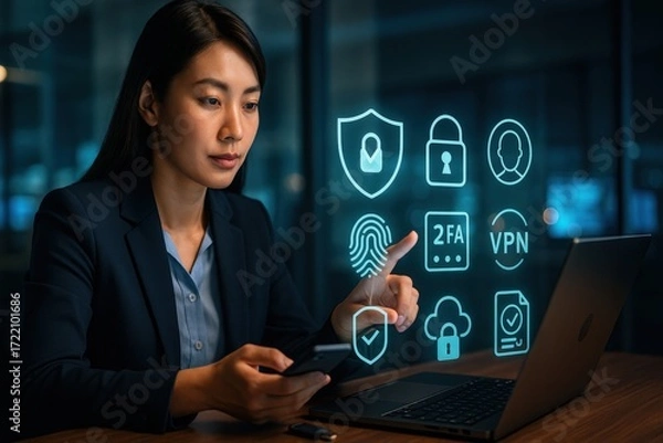 Fototapeta Cybersecurity analysis business professional using technology for data protection strategies in a modern office environment