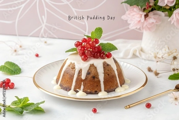 Fototapeta Celebrate British Pudding Day with a classic steamed pudding, adorned with sweet icing and fresh redcurrants. A delicious, traditional festive dessert.
 Generative Ai.