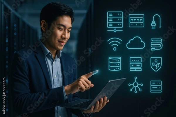 Fototapeta Data management strategies corporate office digital technology virtual environment close-up view cloud computing insights