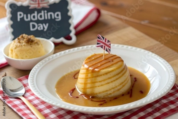 Fototapeta Festive British Pudding Day celebration with a traditional caramel custard. Delicious sweet dessert with sauce and a Union Jack flag for a holiday treat.
 Generative Ai.
