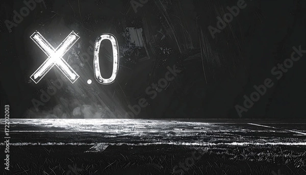 Fototapeta Dramatic night scene of an empty American football field with glowing X.O strategy symbols under intense spotlights, concept of a game plan