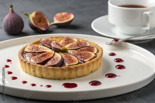 Fototapeta Gourmet fig tart with berry sauce on a white plate. Delicious fresh fruit pastry dessert served with a cup of coffee for a sweet breakfast treat.
 Generative Ai.