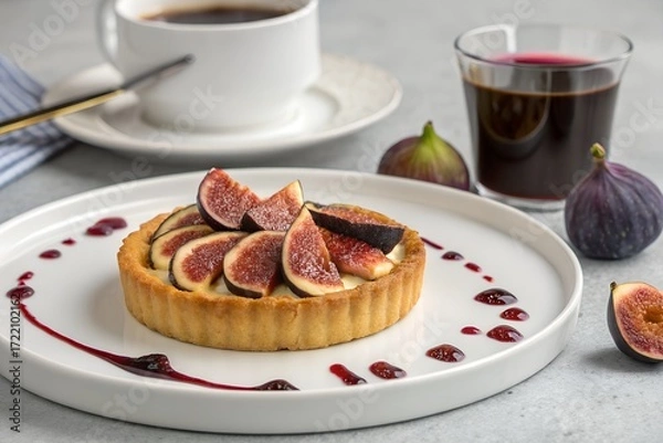Fototapeta Elegant fig tartlet with fresh fruit and cream on a white plate. Gourmet dessert served with coffee and berry sauce for a delicious breakfast or snack.
 Generative Ai.