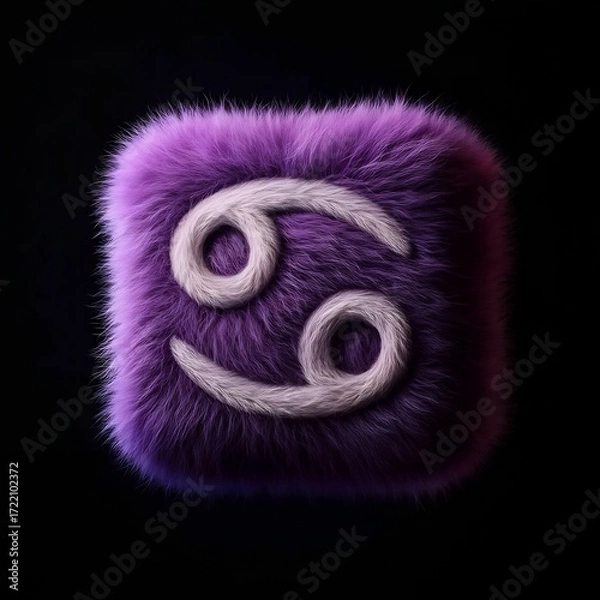 Fototapeta Modern purple fluffy Cancer zodiac sign. 3D rendered furry astrology icon with a soft, plush texture on a dark background for cosmic horoscope art.
 Generative Ai.