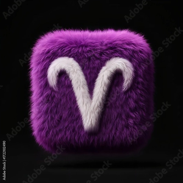 Fototapeta Vibrant purple fluffy Aries zodiac sign. 3D rendered furry astrology icon with a soft, plush texture on a dark background for modern horoscope design.
 Generative Ai.