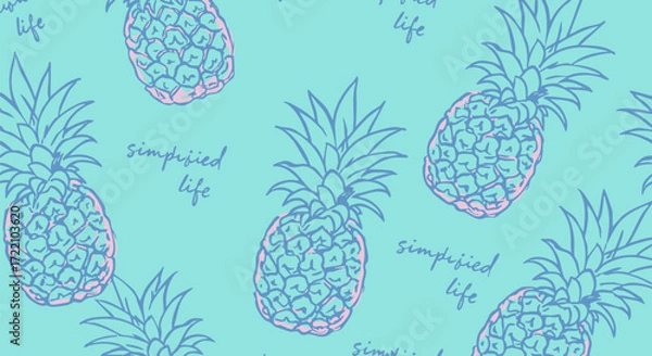 Obraz Tropical pineapple pattern with simplified life text on a light blue background