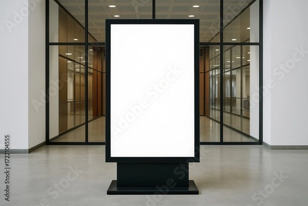 Fototapeta Blank advertising billboard in modern office hallway with glass walls and bright lighting, ideal for business promotion or corporate branding display. Ai generative