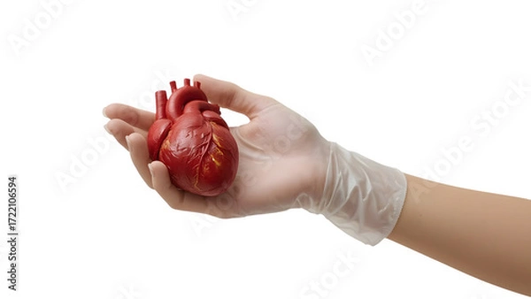 Fototapeta The Human Heart in Hand: An anatomical model of the human heart, tenderly cradled in a gloved hand, poised against a bright, clean backdrop. It's a visual metaphor for life, healthcare.