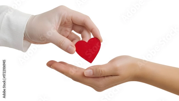 Fototapeta Sharing of Compassion: A symbolic representation of empathy and care, a hand tenderly offers a bright red heart to another, embodying generosity. The scene is an invitation to reflect on giving.