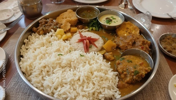 Fototapeta Delicious Indian thali platter with rice, curry, vegetables, and sauces ready to be enjoyed in a restaurant setting for a flavorful lunch or dinner
