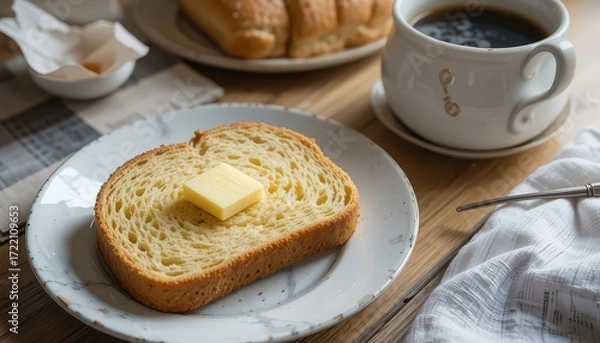Fototapeta Enjoy a simple breakfast of toasted bread with melting butter and hot coffee for a cozy, comforting, and delicious start to your morning