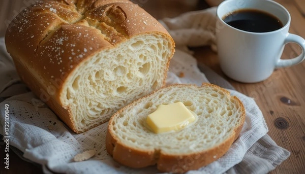 Fototapeta Warm homemade bread with melting butter and steaming coffee, perfect for a cozy breakfast or baking blog, creating a comforting and inviting scene