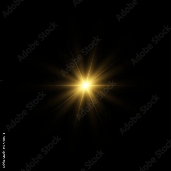 Fototapeta Yellow sun with rays and glow on transparent like background.
