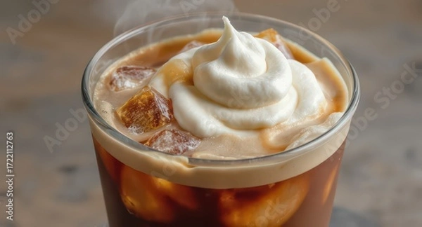 Fototapeta Indulge in an iced coffee delight topped with creamy sweetness and caramel cubes for a refreshing summer treat, perfect for cafe menus and social media