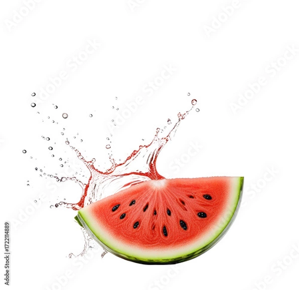 Fototapeta Juicy watermelon slice splashing, black background, summer refreshment (11)