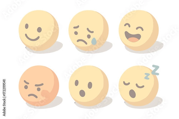 Fototapeta Cute Emoji Set. Isometric vector illustration set of cute round emoji faces: happy smiling face, sad teardrop face, laughing with