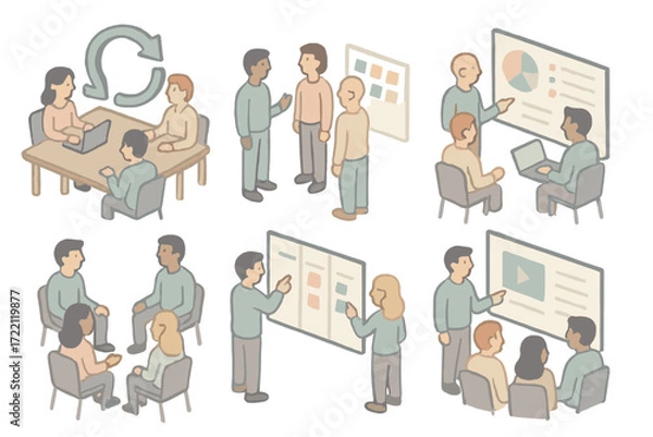 Fototapeta Agile Ceremonies Icons. Isometric vector illustration set of Agile ceremonies: sprint planning, daily stand-up, sprint review,