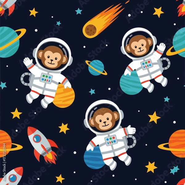 Fototapeta Cute astronaut monkeys planets stars rockets in space Fun cosmic seamless pattern for kids