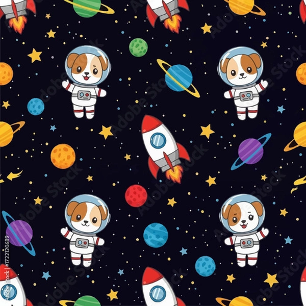 Fototapeta Cute astronaut dogs and rockets in a cosmic seamless pattern perfect for kids designs