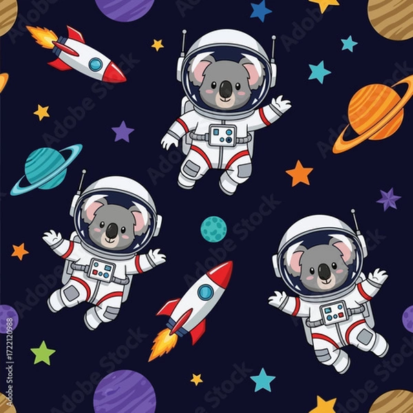Fototapeta Cute koala astronauts exploring outer space with rockets planets and stars Fun adventure concept