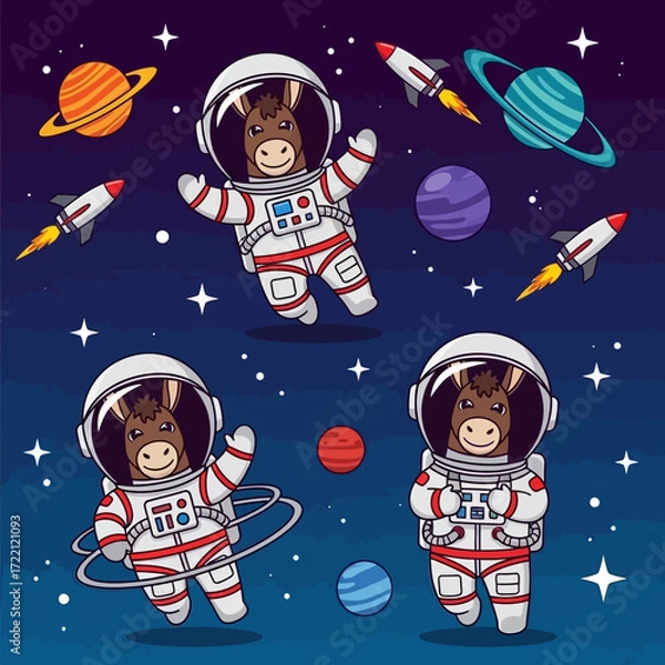 Fototapeta Cute donkey astronauts exploring space with planets stars and rockets Fun childrens adventure