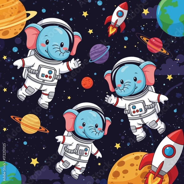 Fototapeta Cute cartoon elephants in astronaut suits floating among planets and stars in outer space