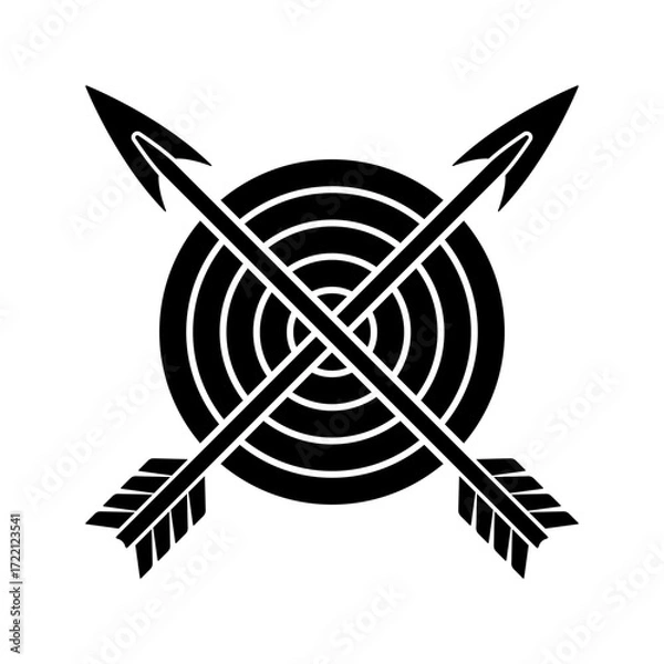 Fototapeta Crossed bow arrows and a target. Black silhouette. Front view. Vector simple flat graphic illustration. Isolated object on a white background.