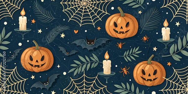 Obraz halloween seamless pattern dark blue background with pumpkins leaves and hallowen decor elements