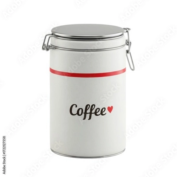 Fototapeta Stylish white coffee canister with red stripe and coffee text isolated on white background