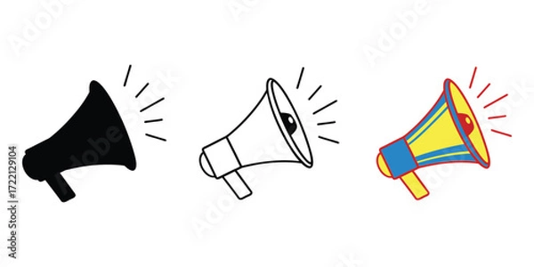 Fototapeta Set of three megaphone icons showing announcement and communication styles vector