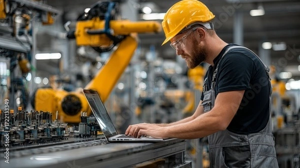 Fototapeta Factory scene automation engineer programs robotic arm using laptop Symbol of new automatic manufacturing industry era and smart technology integration
