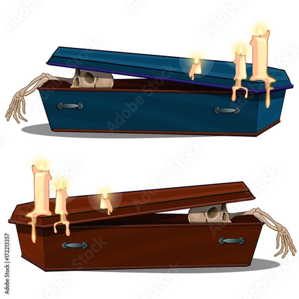 Obraz Skeleton coming out of wooden coffin with candles. Illustration in cartoon style for holiday halloween or thematic projects. Vector isolated on white background
