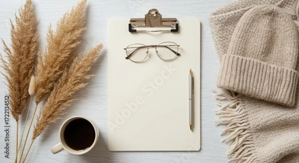 Fototapeta Cozy autumn flat lay with coffee notebook glasses and knitwear isolated on white background