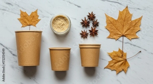 Fototapeta Autumnal composition of kraft paper cups star anise and maple leaves isolated on white background