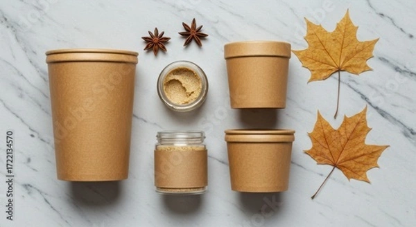 Fototapeta Autumnal arrangement of kraft paper cups jars and star anise isolated on white background