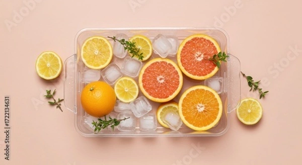 Fototapeta Refreshing citrus fruits and ice cubes in a tray with fresh herbs isolated on white background