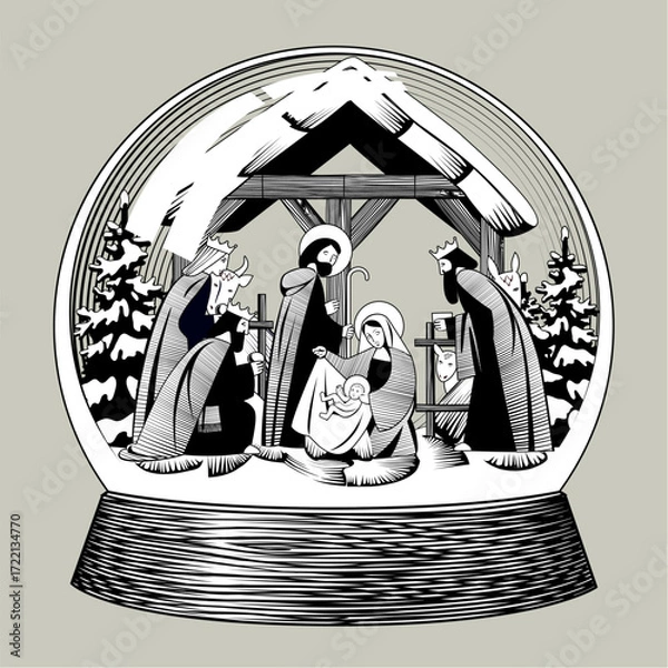 Fototapeta Glass snow globe with a scene of the Nativity of Christ and the adoration of the Magi in vintage engraving and linear style in black and white colors. Vector illustration