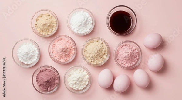 Fototapeta Collection of colorful powders and eggs for easter egg dyeing isolated on white background